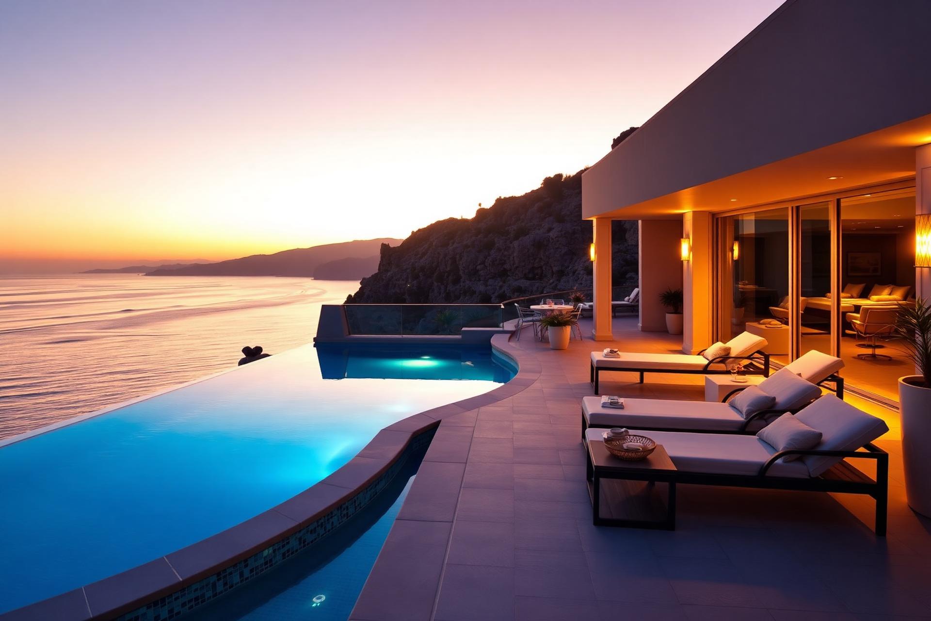 Luxury seaside terrace at golden hour